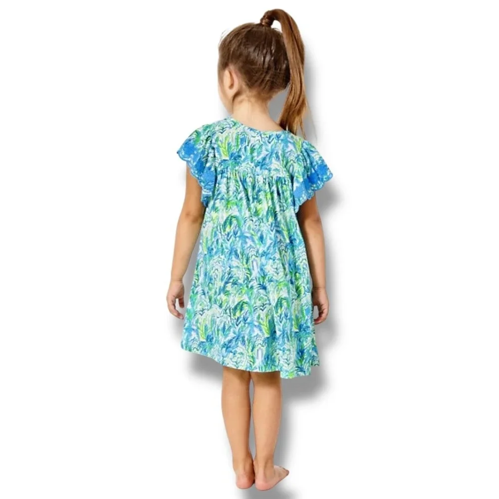 Lilly Pulitzer Girls Stassie Dress Out To‎ Play Blue Green Tropical Print Medium - Picture 2 of 10